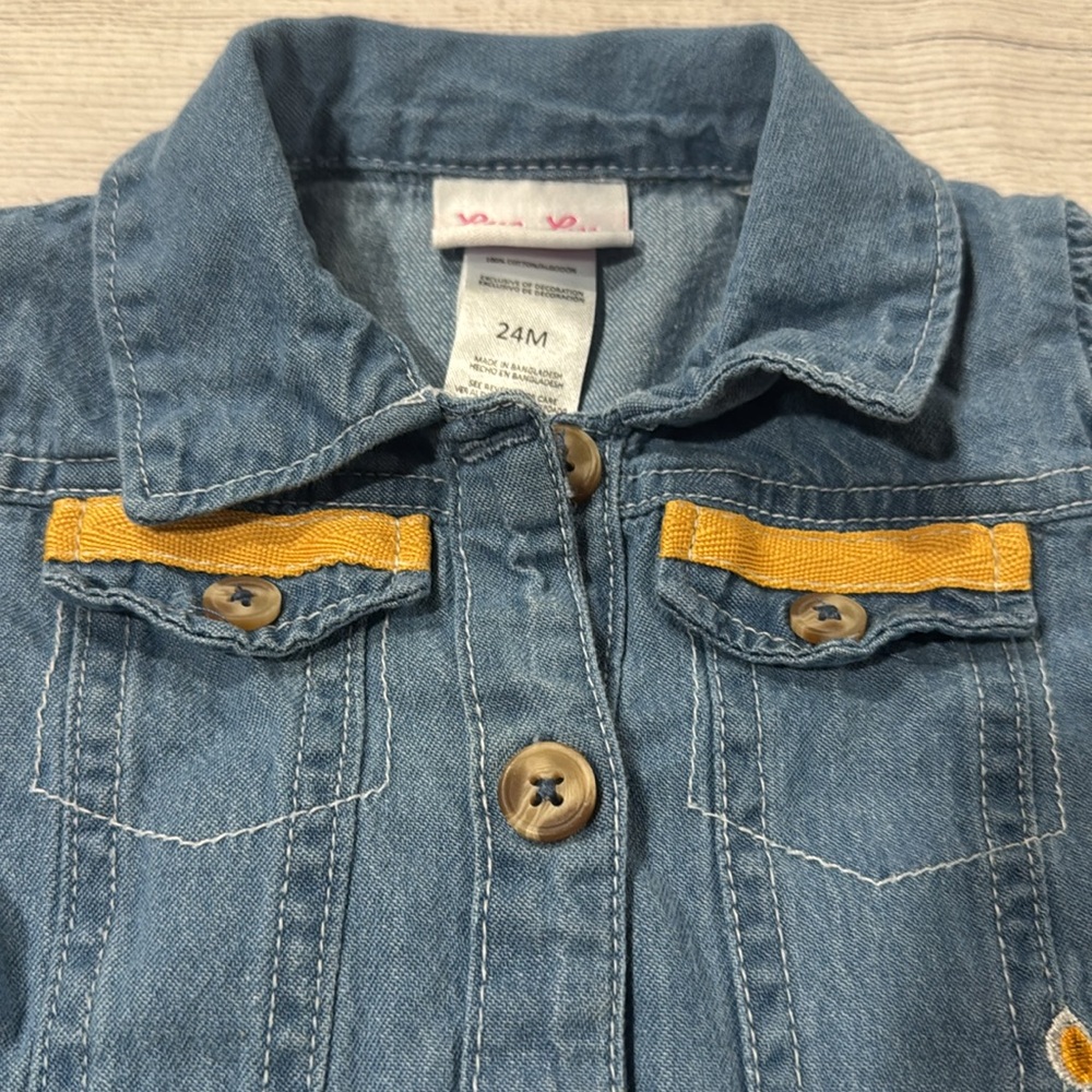 Little Lass Baby Girls Blue Denim Dress with Embroidered Floral Accents - Picture 3 of 5